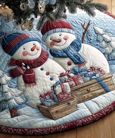 Snow Family Cabin Quilted Christmas Tree Skirt — Charming Snowy Cabin Scene, Quilted Holiday Tree Base Cover For Cozy Décor