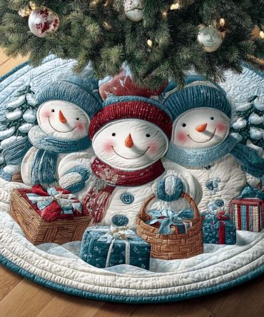 Snow Family Celebration Quilted Christmas Tree Skirt — Festive Family Scene, High-Impact Quilted Holiday Skirt To Complete Your Tree Display
