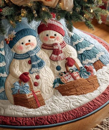 Snow Family Winterland Quilted Christmas Tree Skirt — Heartfelt Winter Scene, Quilted Holiday Tree Skirt For Cozy Seasonal Ambiance