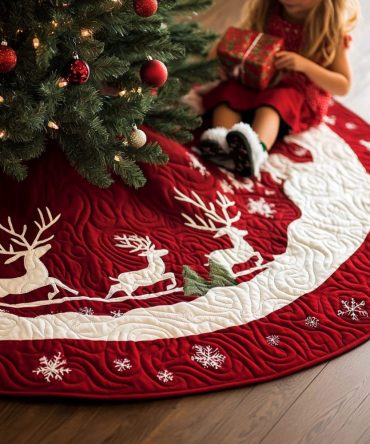Elegant Quilted Snow Reindeer Tree Skirt — Frosty Reindeer Design For Cozy Holiday Styling & To Conceal Tree Stand