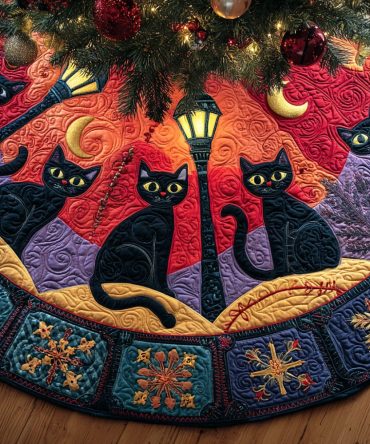 Elegant Quilted Black Cat Christmas Tree Skirt - Snowbell Motif, Luxurious Holiday Accent To Conceal Stand & Add Charm