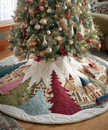 Snowberry Village Quilted Tree Skirt — Rustic Holiday Village Design Christmas Base Cover For Charming Seasonal Displays