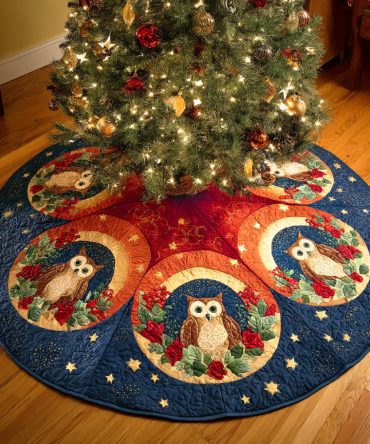 Snowbound Watcher Quilted Christmas Tree Skirt - Scenic Winter Quilted Tree Skirt With Woodland Motifs, Plush Base For Holiday Decorating