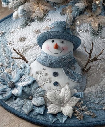 Blue Snowflake Quilted Christmas Tree Skirt With Snowman Artwork - Elegant Winter Tree Base Cover For Classic Holiday Styling