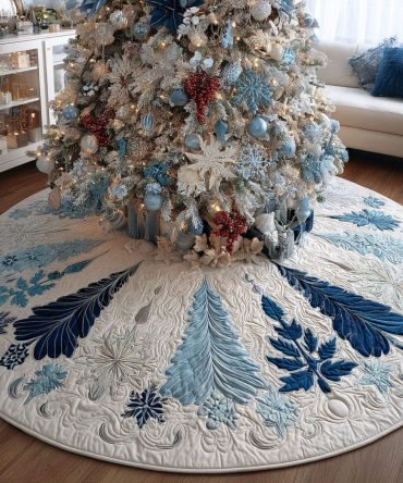 Elegant Snowflake Garden Quilted Christmas Tree Skirt — Soft Holiday Tree Base Cover With Embroidered Snowflakes & Warm Batting