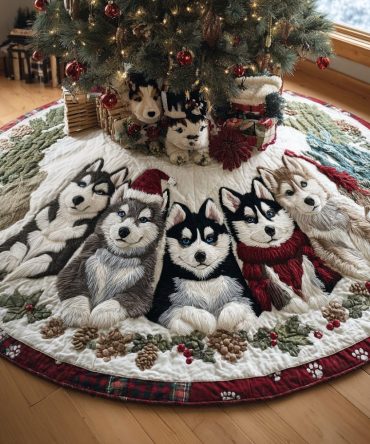 Snowflake Husky Joy Quilted Tree Skirt — Elegant Winter-Theme Christmas Skirt With Quilted Texture & Festive Husky Art