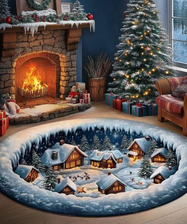 Snowlight Village Round Holiday Rug — Idyllic Snow Village Accent Mat, Plush Low-Pile, Non-Skid Backing, Elegant Seasonal Floor Decor