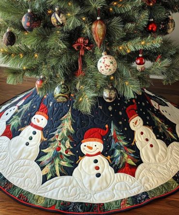 Snowman Delight Quilted Tree Skirt — Charming Snowman Family Design, Soft Insulation, Easy-Fasten Closure, Machine-Washable Holiday Accent
