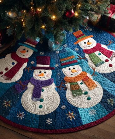 Snowman Charm Quilted Christmas Tree Skirt — Charming Snowman Design Quilted Skirt, Cozy Accent For Festive Holiday Interiors