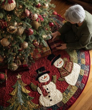 Snowman Gathering Quilted Tree Skirt — Cheerful Snowman-Themed Christmas Tree Skirt For Family-Friendly Holiday Decor