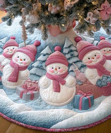 Snowman Gifts Gathering Quilted Christmas Tree Skirt — Joyful Snowman Gift Scene, Quilted Holiday Skirt To Elevate Festive Tree Styling