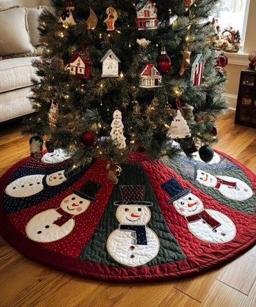 Elegant Snowman Harmony Quilted Tree Skirt — Soft Padded Backing, Machine-Washable Holiday Accent For Stylish Seasonal Décor