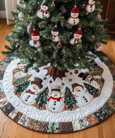 Snowman Joy Quilted Holiday Tree Skirt — Cheerful Snowman Patchwork For Christmas Trees, Soft Quilted Fabric, Easy-Care & Family-Friendly Design