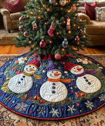 Snowman Magic Quilted Christmas Tree Skirt — Enchanting Snowman Motif Quilted Skirt To Complete Whimsical Holiday Tablescapes & Tree Displays