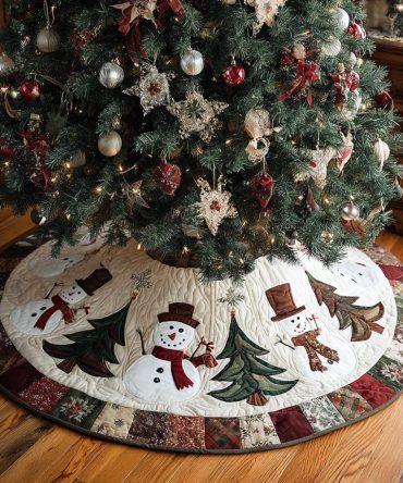 Heartwarming Snowman Moment Quilted Tree Skirt — Cozy Holiday Artwork, Stain-Resistant Finish, Machine-Washable & Durable Design