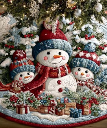 Snowman Smiles Quilted Christmas Tree Skirt — Cheerful Snowman Faces, Quilted Holiday Skirt To Brighten Family Holiday Displays