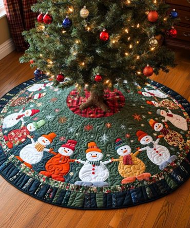 Cozy Quilted Christmas Tree Skirt — Snowman Spirit Design, Soft Warm Backing, Machine-Washable & Charming Holiday Floor Accent