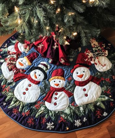 Snowman Wishes Quilted Christmas Tree Skirt — Charming Snowman Appliqué Base With Plush Quilting, Cozy Holiday Accent & Easy Placement