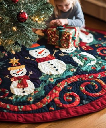 Whimsical Snowmen Fantasy Quilted Tree Skirt — Cozy Winter Scene With Soft Quilting For Festive Holiday Staging