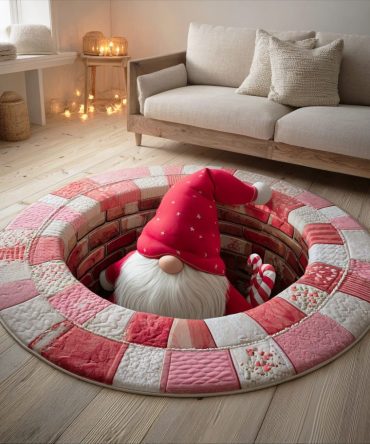 Snowy Beard Wonder Round Rug - Cute Gnome Holiday Area Rug With Winter Motif For Living Rooms & Bedrooms, Plush Texture, Non-Slip Backing