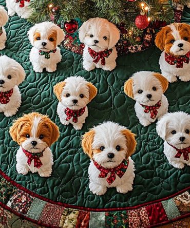 Snowy Bichon Cheer Quilted Tree Skirt — Winter-Themed Quilted Bichon Frise Christmas Skirt, Soft, Durable & Machine Washable