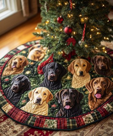 Snowy Companion Quilted Tree Skirt — 48In Winter Dog Christmas Skirt, Reversible Snow-Themed Polyester, Machine-Washable Gift Idea