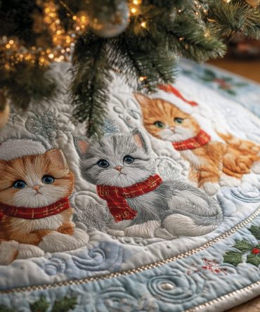 Snowy Companions Quilted Christmas Tree Skirt — Winter Cat Patchwork Tree Base Cover, Cozy Snow-Themed Holiday Accent For Cat Lovers