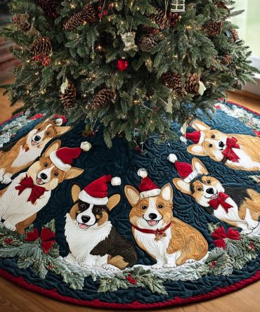 Snowy Corgi Cheer Quilted Tree Skirt — Winter Dog-Themed Holiday Decor, Soft Insulated Fabric, Machine-Washable, Perfect Gift For Corgi Fans