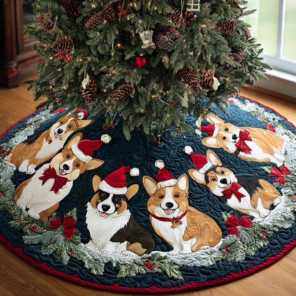Snowy Corgi Cheer Quilted Tree Skirt — Winter Dog-Themed Holiday Decor, Soft Insulated Fabric, Machine-Washable, Perfect Gift For Corgi Fans