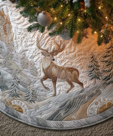Snowy Deer Quilted Christmas Tree Skirt — Elegant Snow-Scene Deer Design, Soft Quilting, Winter-Themed Holiday Accent, Durable & Stylish