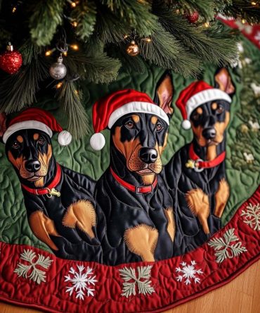 Snowy Doberman Defender Quilted Christmas Tree Skirt - Festive Winter Dog Illustration, Quilted Mat For Cozy, Pet-Centric Holiday Styling
