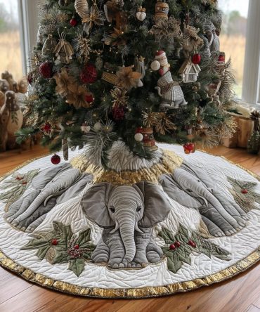 Snowy Elephants Quilted Christmas Tree Skirt — Charming Snowy Elephant Quilted Skirt For Cozy Holiday Style & Unique Seasonal Accent