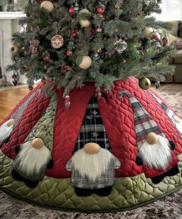 Snowy Gnome Village Quilted Christmas Tree Skirt - Charming Village Scene Holiday Base Cover For Cozy Seasonal Displays