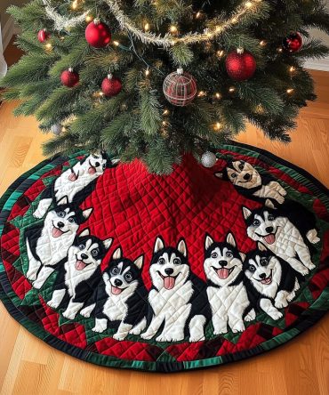 Snowy Husky Quilted Christmas Tree Skirt — Plush Snow-Themed Husky Design, Soft Quilting & Machine Washable Holiday Cover