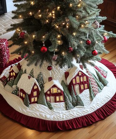 Snowy Lane Quilted Christmas Tree Skirt — Festive Winter Farmhouse Décor, Soft Quilted Layer For Holiday Trees