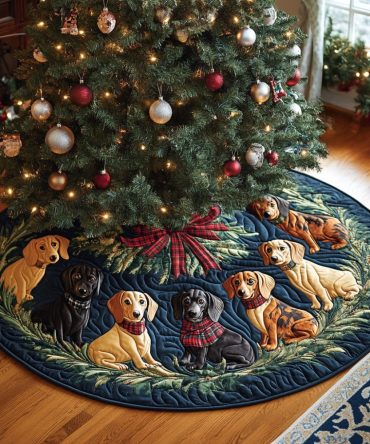 Snowy Long Pup Noel Quilted Christmas Tree Skirt - Long-Dog Winter Scene, Cozy Quilting & Decorative Cover For Holiday Trees