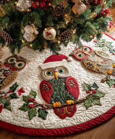 Snowy Owl Christmas Quilted Tree Skirt — Classic Snowy Owl Holiday Tree Skirt, Soft Quilting & Winter-Themed Design