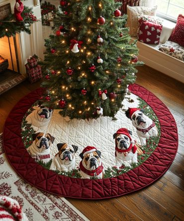 Snowy Paws Bulldog Quilted Tree Skirt - Winter-Theme Christmas Decor For Dog Lovers, Soft Quilted Tree Cover