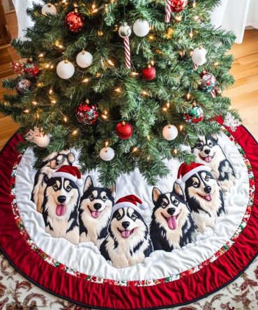 Snowy Paws Quilted Christmas Tree Skirt , Cute Cat & Paw Holiday Tree Skirt, 48In Quilted Cotton, Easy Care