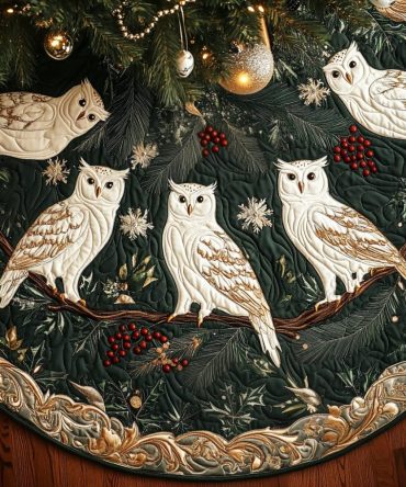 Snowy Perch Quilted Christmas Tree Skirt — Designer Bird Perch & Snow Motif, Plush Padding, Reinforced Closure, Seasonal Home Accent