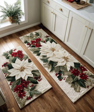 Snowy Petal Magic Kitchen Rug - Elegant Winter Floral Runner, Non-Slip, Machine Washable, Soft Pile For Cozy Holiday Kitchens
