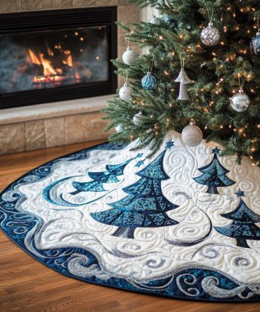 Snowy Pine Delight Quilted Christmas Tree Skirt — Charming Pine & Snow Holiday Skirt , Soft Quilted Base To Protect Floors & Showcase Gifts