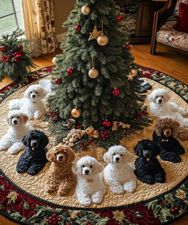 Snowy Poodle Glow Quilted Tree Skirt — Elegant White Poodle Holiday Accent, Soft Quilting, Stain-Resistant, 48" Diameter