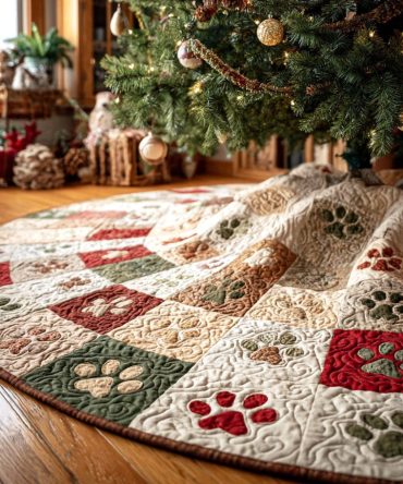 Snowy Prints Quilted Christmas Tree Skirt — Elegant Snowflake Holiday Skirt, Soft Quilting For A Polished Look