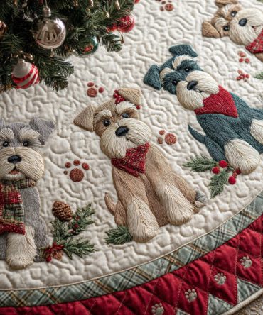 Snowy Schnauzer Quilted Christmas Tree Skirt — Winter Dog-Themed Patchwork, Soft Cotton Blend, Durable Stitching, Machine-Washable Holiday Décor
