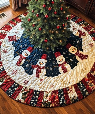 Snowy Sentinel Quilted Holiday Tree Skirt — Elegant Winter-Themed Christmas Base Piece To Frame Gifts & Protect Flooring