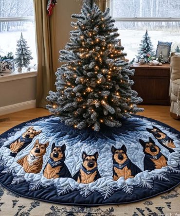 Snowy Shepherd Quilted Tree Skirt — Frosted Embroidery & Cozy Quilting, Winter-Themed Tree Base Cover For Charming Seasonal Displays