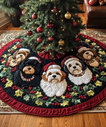 Snowy Scene Quilted Tree Skirt With Shih Tzu Accents — Elegant Snowy Christmas Mat, Quilted Padding, Weathered Neutral Tones For Holiday Décor