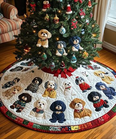Snowy Shih Tzu Dreams Quilted Tree Skirt — Soft Winter Dog Décor, 48 Inch Reversible, Cushioned Quilting, Easy Care Holiday Accent