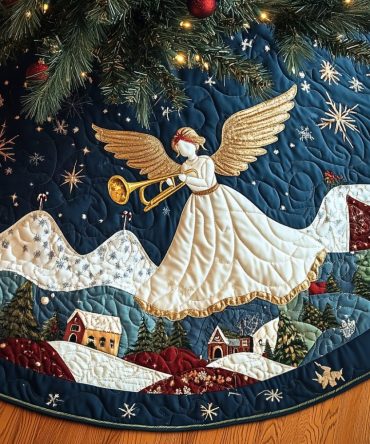 Snowy Song Quilted Christmas Tree Skirt — Caroling Snowmen & Music Notes, Soft Quilted Holiday Tree Skirt To Enhance Seasonal Living Space